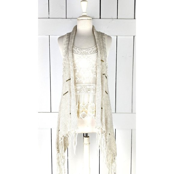 Asymmetrical tassel beaded fringe knit long slouchy boho vest large - Picture 2 of 5